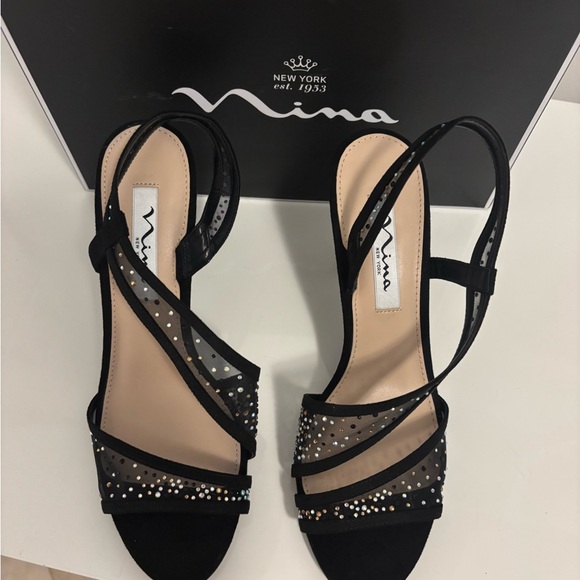 Nina Valeta Crystal Embellished Black Glitter Mesh Sandals Heels - Picture 4 of 4
